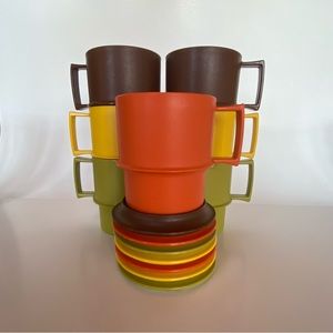 Vintage TUPPERWARE Stackable Coffee Cups Coasters 60s/70s Harvest Colors